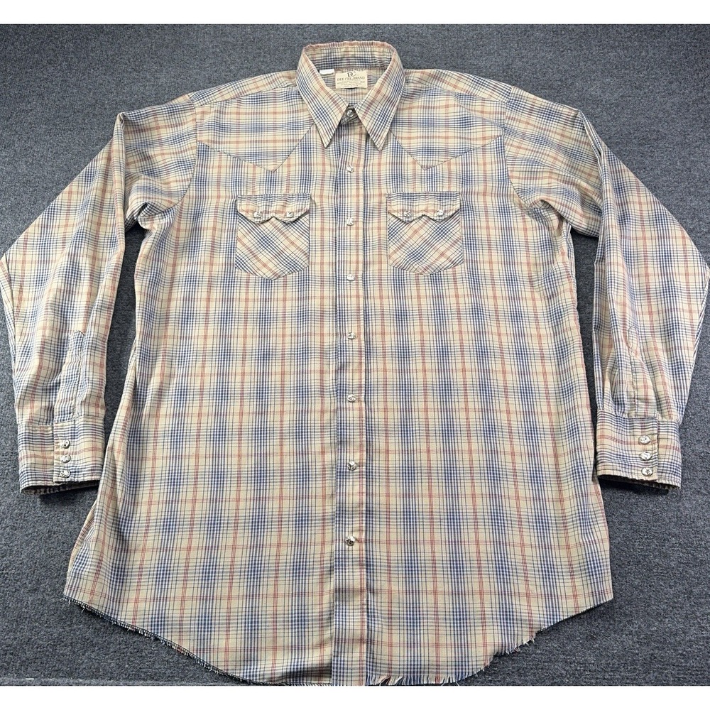VTG Dee Cee Men's Pearl Snap Sawtooth Western Shirt Blue Plaid USA Size 17.5-38